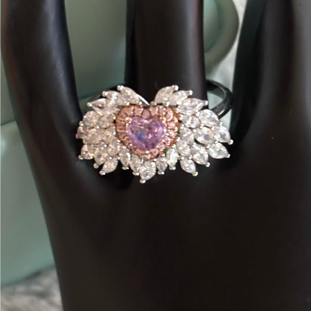 Sterling Silver CZ Pink Angel Wing Ring size 7